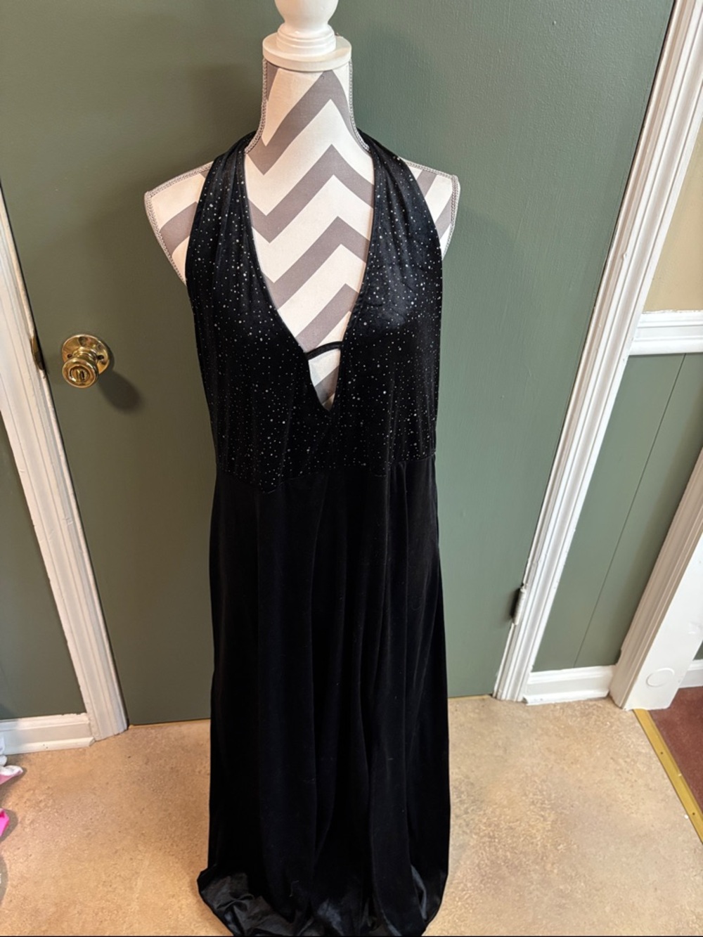 Black Halter Velvet Evening Dress with Sparkle Bodice